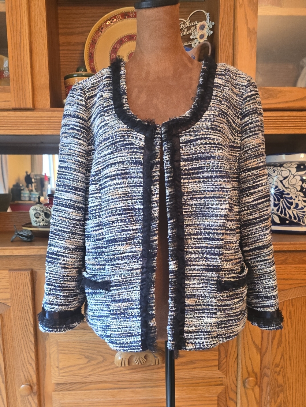 INC International Concepts Navy & White Fringe-Trim Tweed Jacket